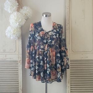 Show me your Mumu teal floral tunic front ties tassels bell sleeves blouse sz M